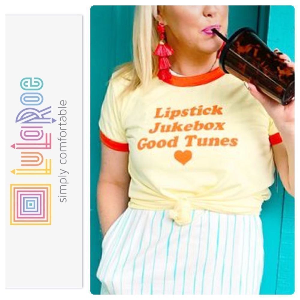 Lularoe "Lipstick, Juke Box, Good Tunes" Cream/Orange T-shirt -- L - Picture 2 of 13